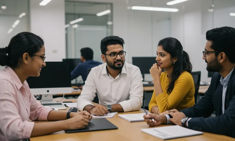 Indian marketing team discussing customer retention marketing strategy with dashboards