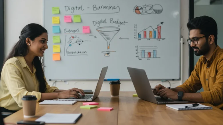 Indian marketing team reviewing digital ad spend in India FY25 and owned media performance