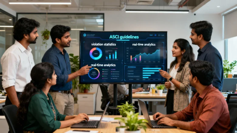 Indian marketing team discussing ad compliance and ethical guidelines