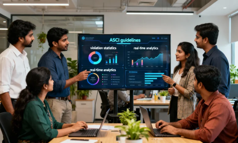 Indian marketing team discussing ad compliance and ethical guidelines