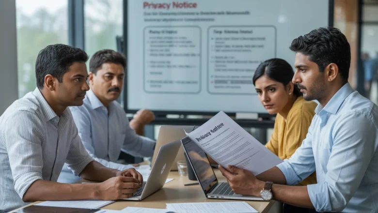 Indian compliance team reviewing DPDP Rules 2025 privacy notice and consent workflows on laptops