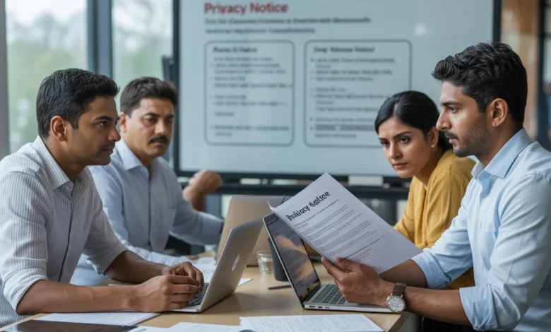 Indian compliance team reviewing DPDP Rules 2025 privacy notice and consent workflows on laptops