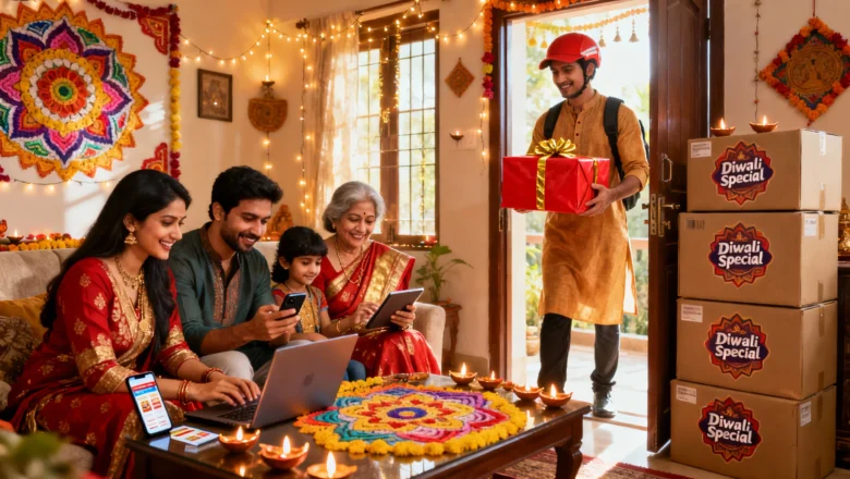 Indian family shopping online during Diwali with quick-commerce delivery