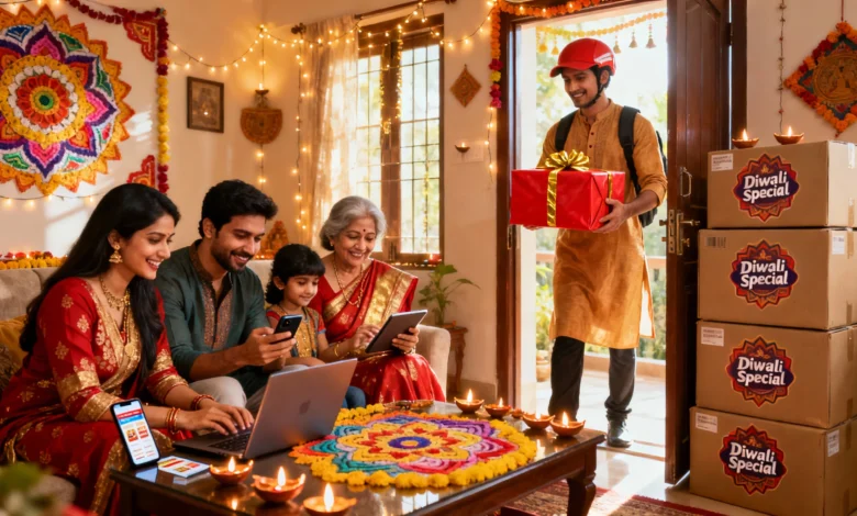 Indian family shopping online during Diwali with quick-commerce delivery