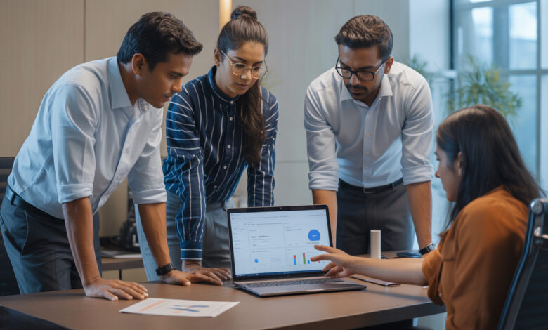 Indian professionals reviewing AI-powered dynamic creatives for Google Ads Smart Shopping Campaigns