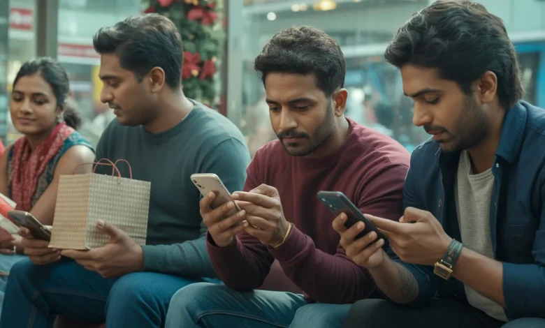 Indian shoppers using smartphones for mobile commerce during holiday week