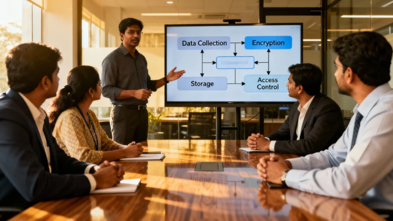 An Indian team of marketing professionals (men and women, ages 30-40) gathered around a conference table in a modern office, discussing first-party data strategies. The scene shows digital dashboards displaying data privacy metrics and consent flows, with the team focused on data collection, privacy, and ethical marketing practices.