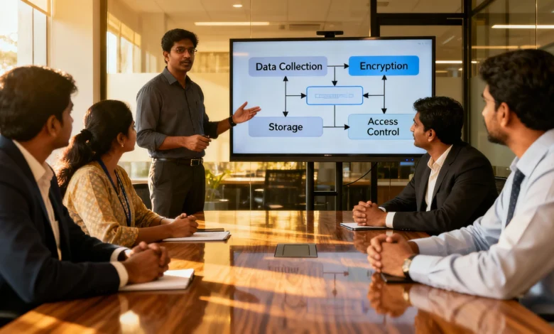 An Indian team of marketing professionals (men and women, ages 30-40) gathered around a conference table in a modern office, discussing first-party data strategies. The scene shows digital dashboards displaying data privacy metrics and consent flows, with the team focused on data collection, privacy, and ethical marketing practices.