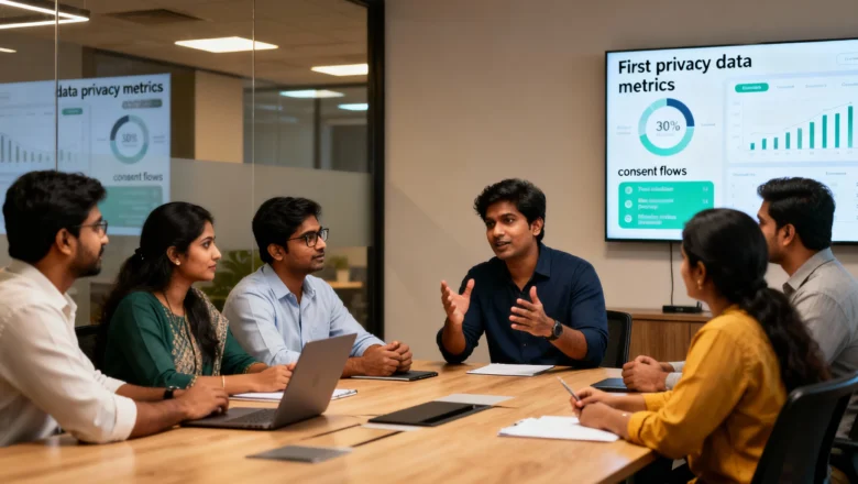 Indian marketing team discussing first-party data strategies and consent-first marketing in a modern office.