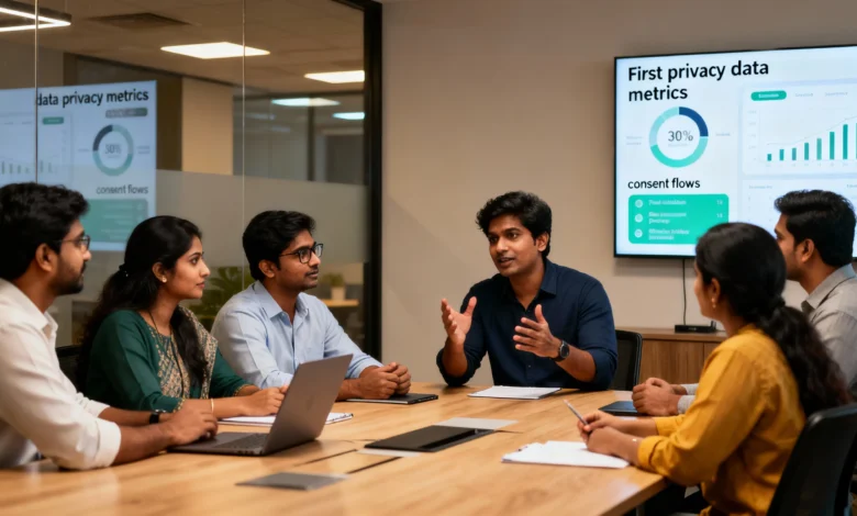 Indian marketing team discussing first-party data strategies and consent-first marketing in a modern office.