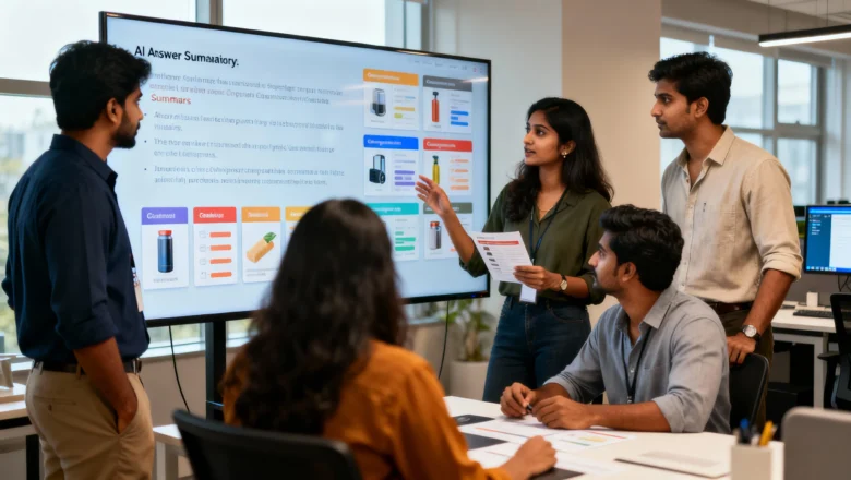 Indian digital marketing professionals reviewing AI-driven search results and Search Generative Experience, highlighting the need to rebuild SEO strategies for modern search behaviour in India.