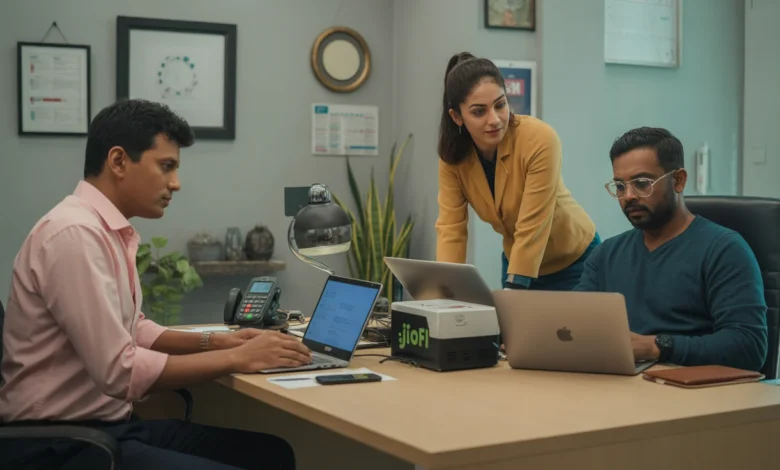 Indian SME team using JioFi corporate connectivity solutions in an office