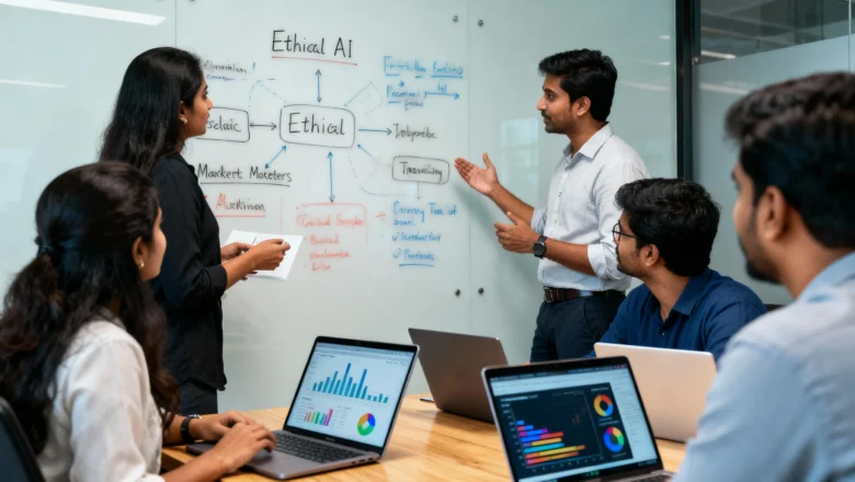 Indian marketing professionals discussing AI-driven insights with ethical standards