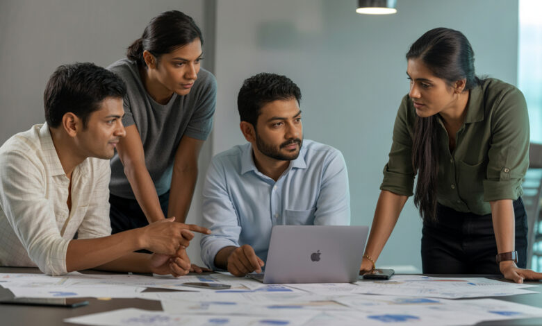 Indian professionals analyzing Geo-Targeted Promotions for Swiggy Ads