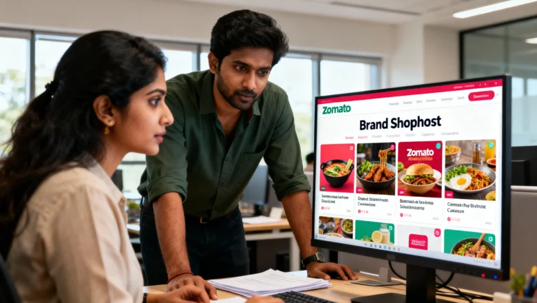 Indian professionals discussing Zomato's “Brand Spotlight” carousel for FMCG and D2C marketing