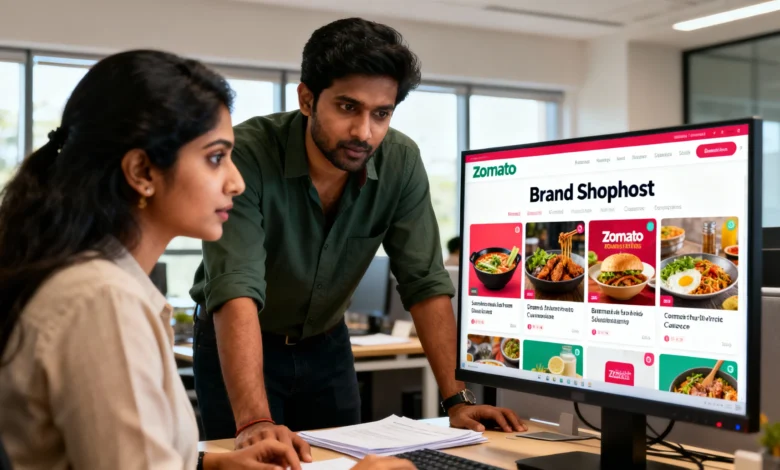 Indian professionals discussing Zomato's “Brand Spotlight” carousel for FMCG and D2C marketing