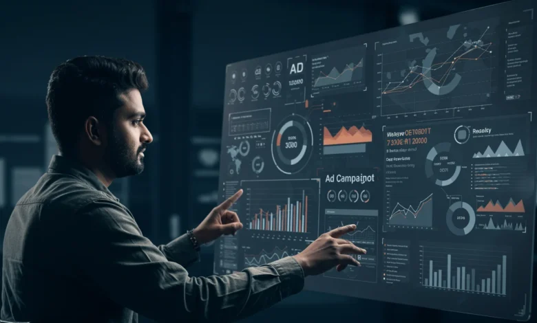 "Digital marketer using AI-powered tools for ad optimization"