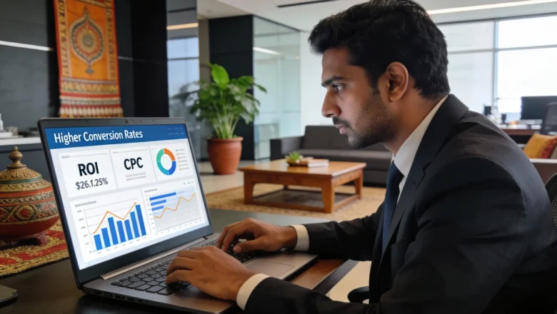 "A marketer analyzing branded search data on a computer screen in a modern office"