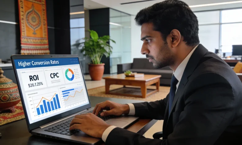 "A marketer analyzing branded search data on a computer screen in a modern office"