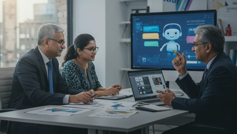 Business professionals discussing AI integration for WhatsApp chatbot policy changes in a modern office setting.