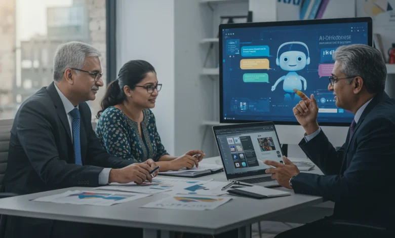 Business professionals discussing AI integration for WhatsApp chatbot policy changes in a modern office setting.
