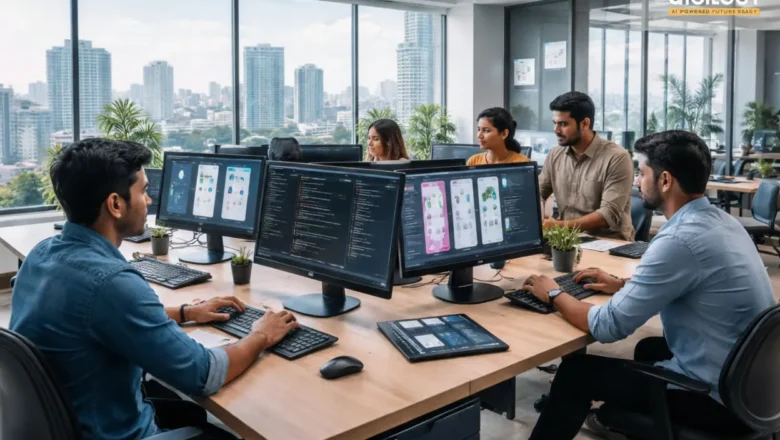 Mobile app development team working in a modern office in Chennai