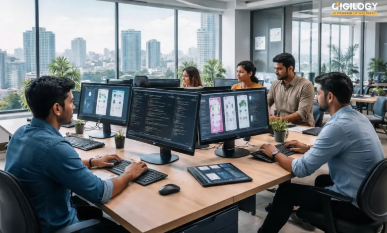 Mobile app development team working in a modern office in Chennai