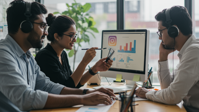 Indian professionals working on social media marketing strategies for Instagram Reels.