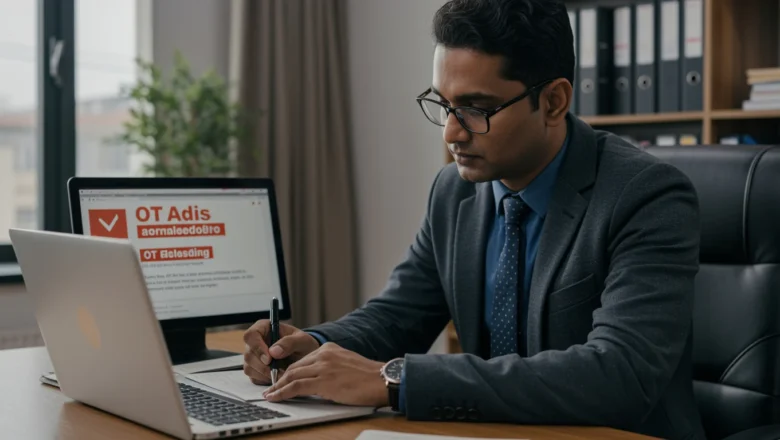 Indian legal expert reviewing misleading OTT ads with compliance checklists in a modern office environment.