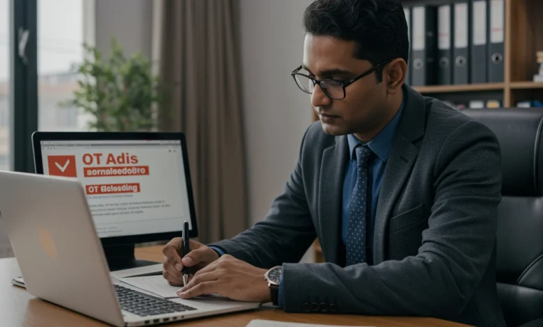 Indian legal expert reviewing misleading OTT ads with compliance checklists in a modern office environment.