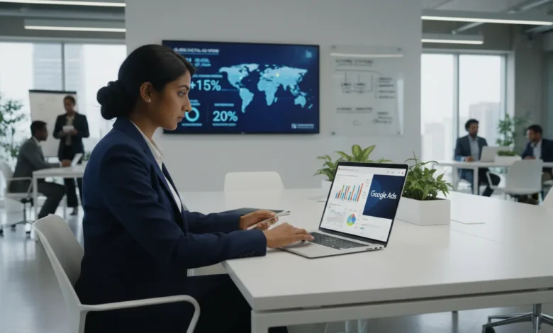 Indian professional analyzing PPC campaign performance on laptop