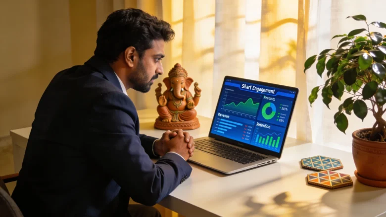 "A marketing professional analyzing retargeting campaign metrics on a screen"