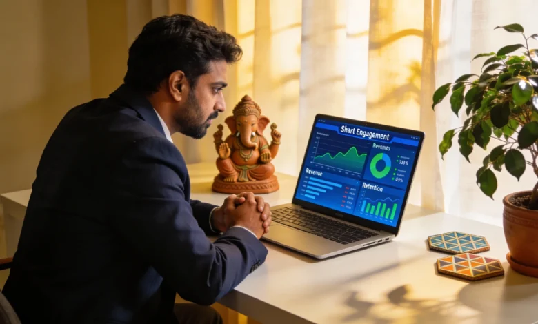 "A marketing professional analyzing retargeting campaign metrics on a screen"