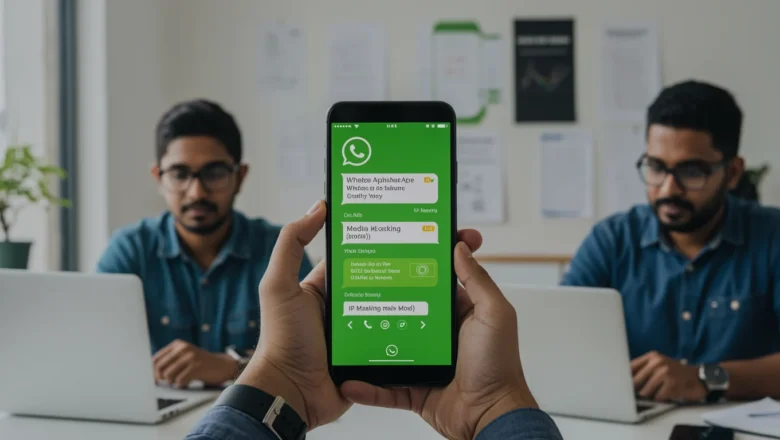 “WhatsApp High Security Mode settings on mobile with office professionals.”