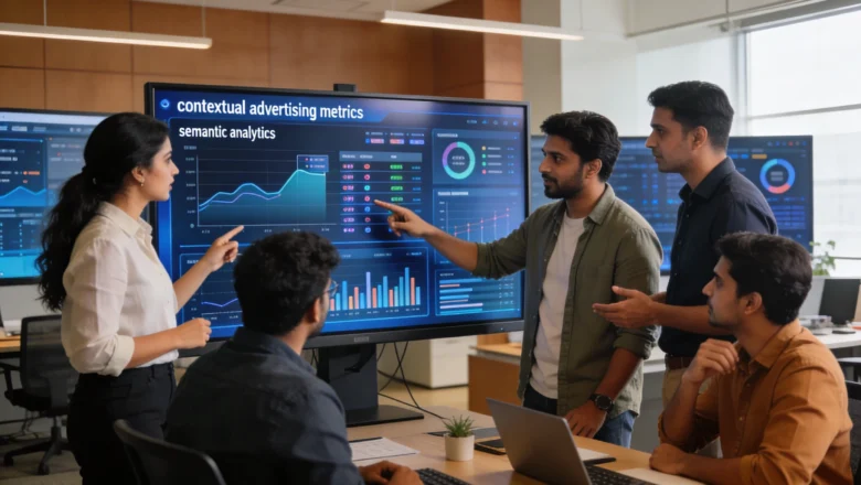 Indian marketing team reviewing contextual advertising strategy using AI analytics