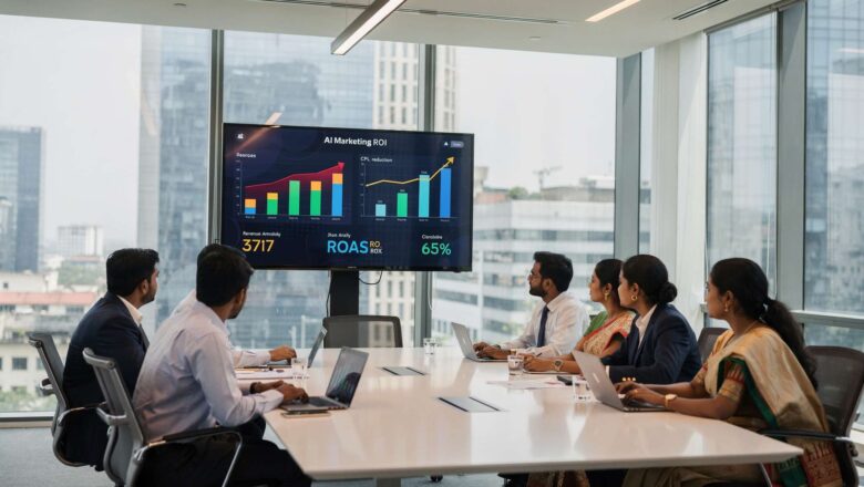 Indian marketing team reviewing AI marketing ROI dashboard in corporate office