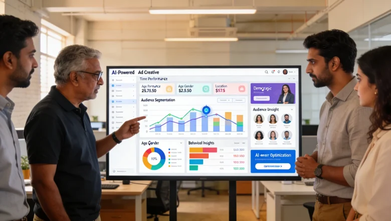 Indian marketing team analyzing AI-driven creative optimization dashboard.