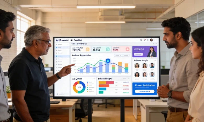 Indian marketing team analyzing AI-driven creative optimization dashboard.