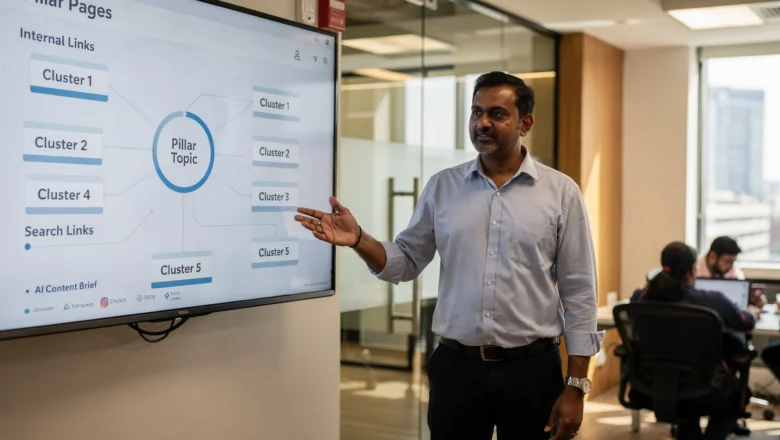 Indian SEO strategist presenting AI-optimized pillar page strategy