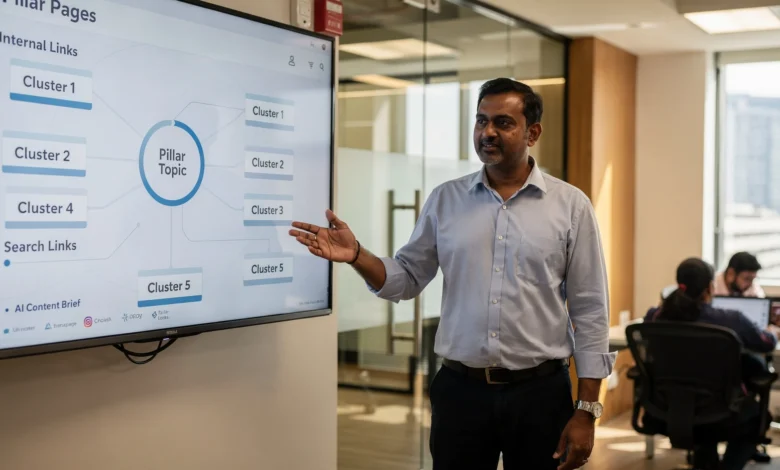 Indian SEO strategist presenting AI-optimized pillar page strategy