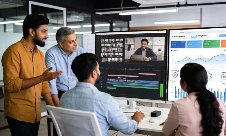 Indian marketers reviewing AI video advertising campaigns