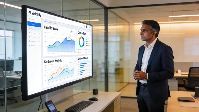 Indian marketing analyst reviewing AI visibility audit dashboard.
