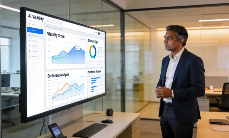 Indian marketing analyst reviewing AI visibility audit dashboard.
