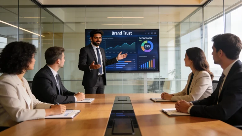 Indian brand manager reviewing brand trust performance metrics