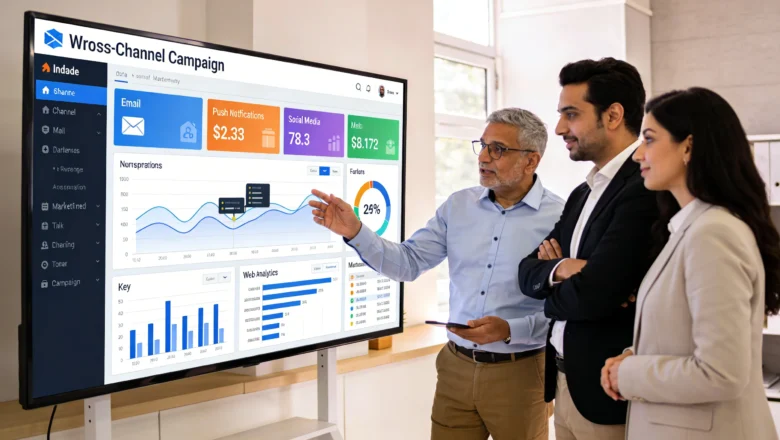 Indian marketing team analyzing cross-channel messaging performance dashboard.
