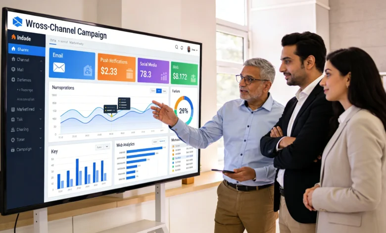 Indian marketing team analyzing cross-channel messaging performance dashboard.