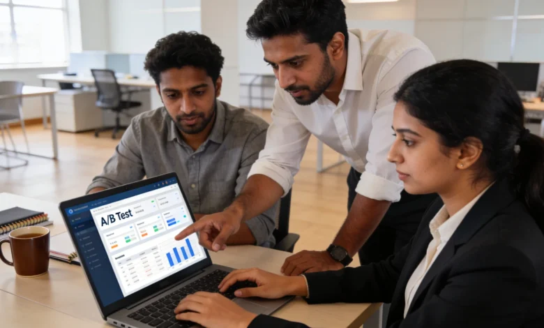 Indian marketing team analyzing performance copywriting metrics