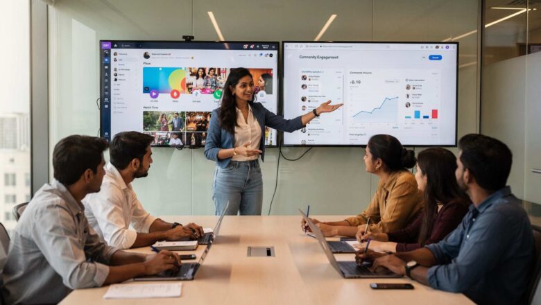 Indian marketing team analyzing emerging digital platforms and engagement metrics