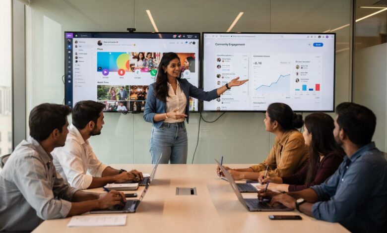 Indian marketing team analyzing emerging digital platforms and engagement metrics