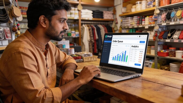 Indian retailer analyzing ecommerce platform dashboard inside store